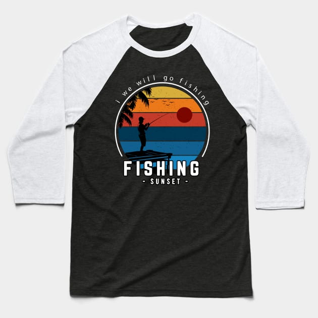 fishing sunset vintage Baseball T-Shirt by Mako Design 